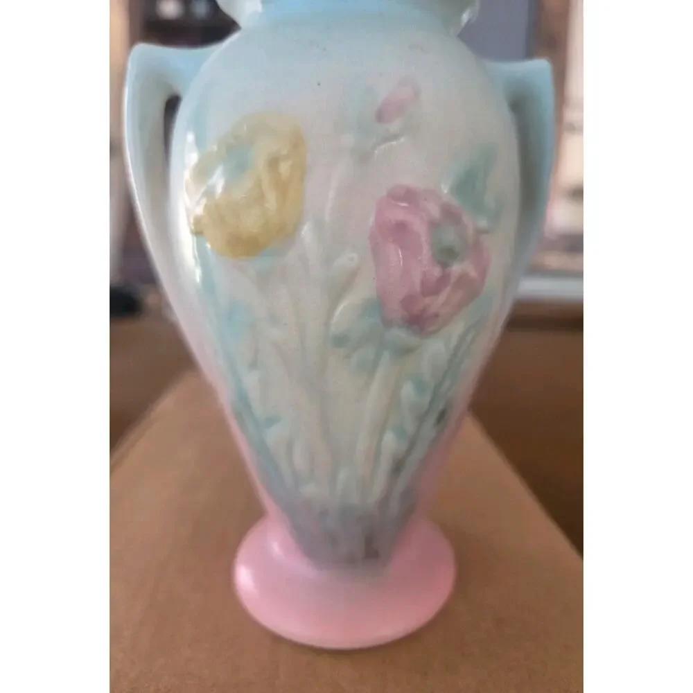 Hull 607-5 1/2 Art Pottery Floral Vase Blue Pink Yellow 1940s Impressed Vintage